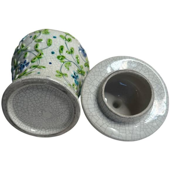 Italian Ceramic Ivory Flowers & Vines Blue Green Crazes Temple Jar 10"H - Picture 5 of 8